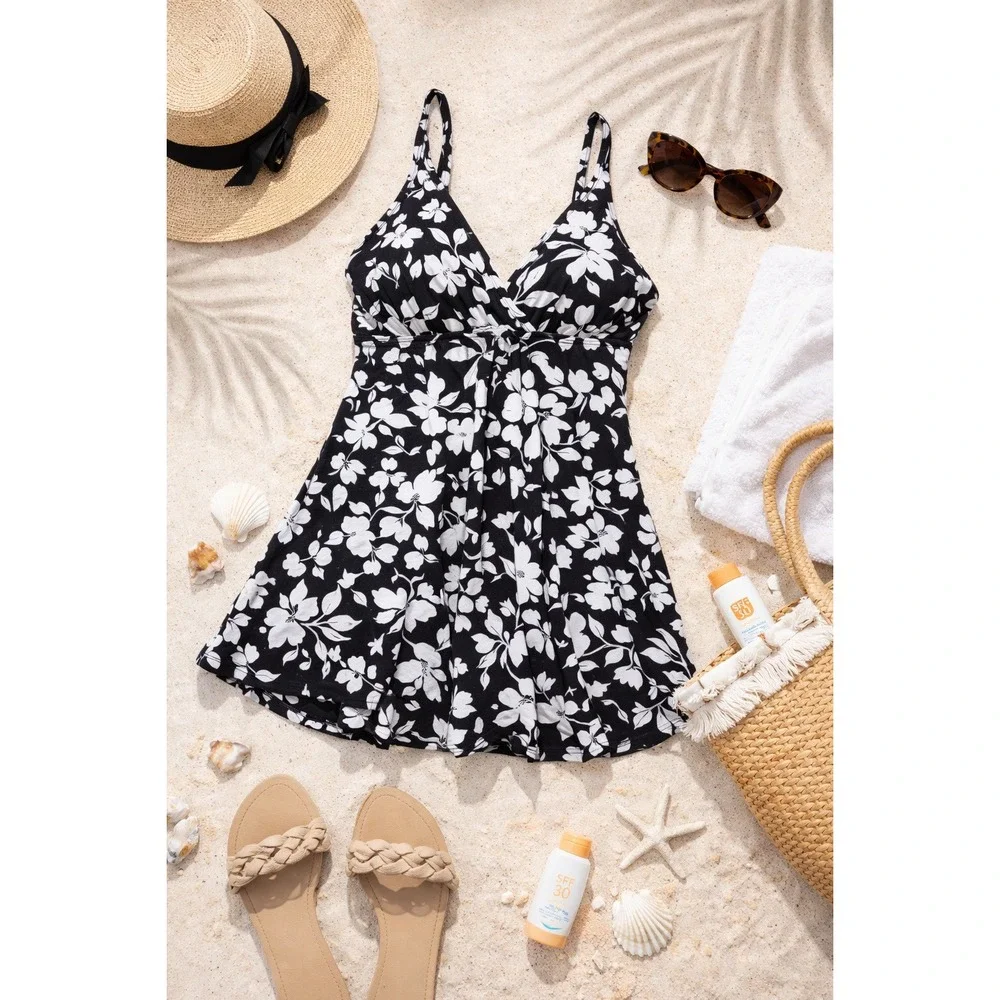 Swim Solutions Swim Dress 14 Black White Floral Slimmer Pool side Beach Resort - Picture 2 of 9